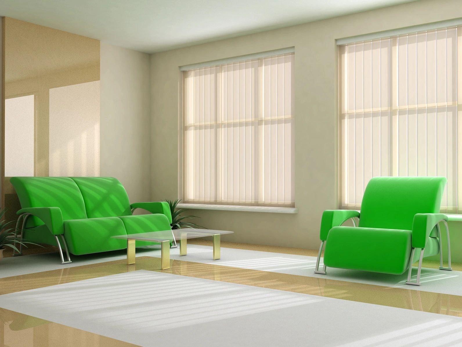 Modern living room with bright green chairs